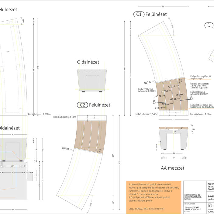 Egyedi műkő pad részletterve - pad variációk 700x420 2000